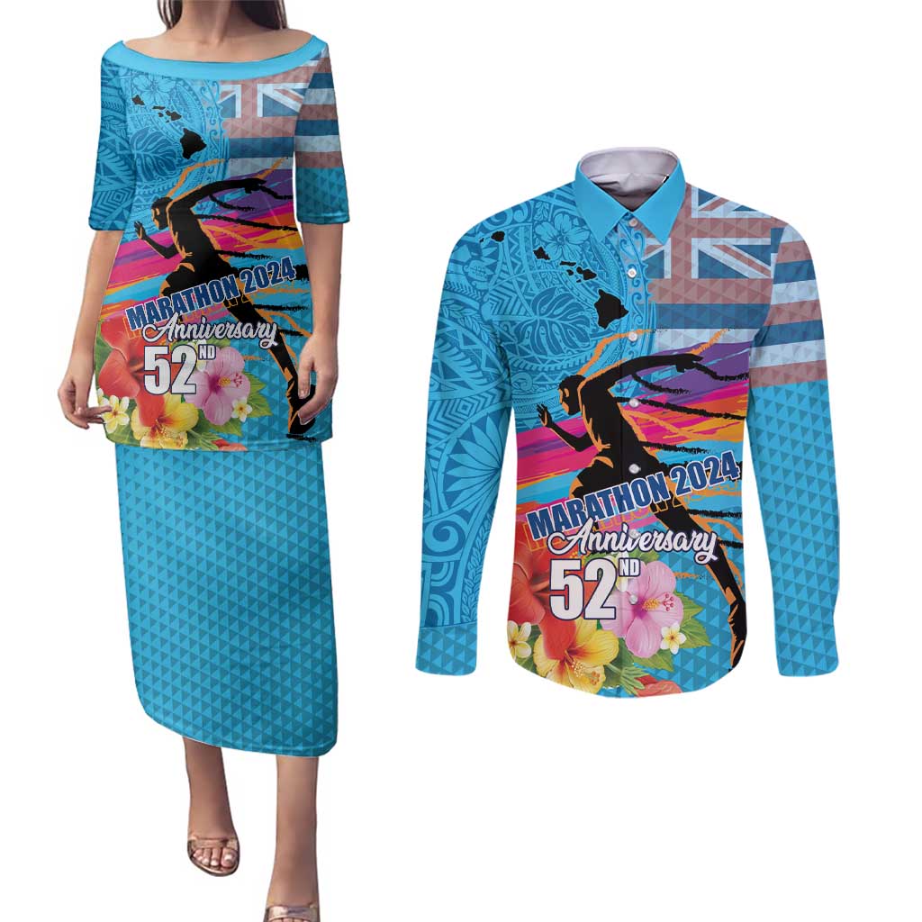 Honolulu Anniversary 52nd Running Couples Matching Puletasi and Long Sleeve Button Shirt Marathon Competition Kakau Pattern Blue Color LT03 Blue - Polynesian Pride