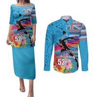 Honolulu Anniversary 52nd Running Couples Matching Puletasi and Long Sleeve Button Shirt Marathon Competition Kakau Pattern Blue Color LT03 Blue - Polynesian Pride