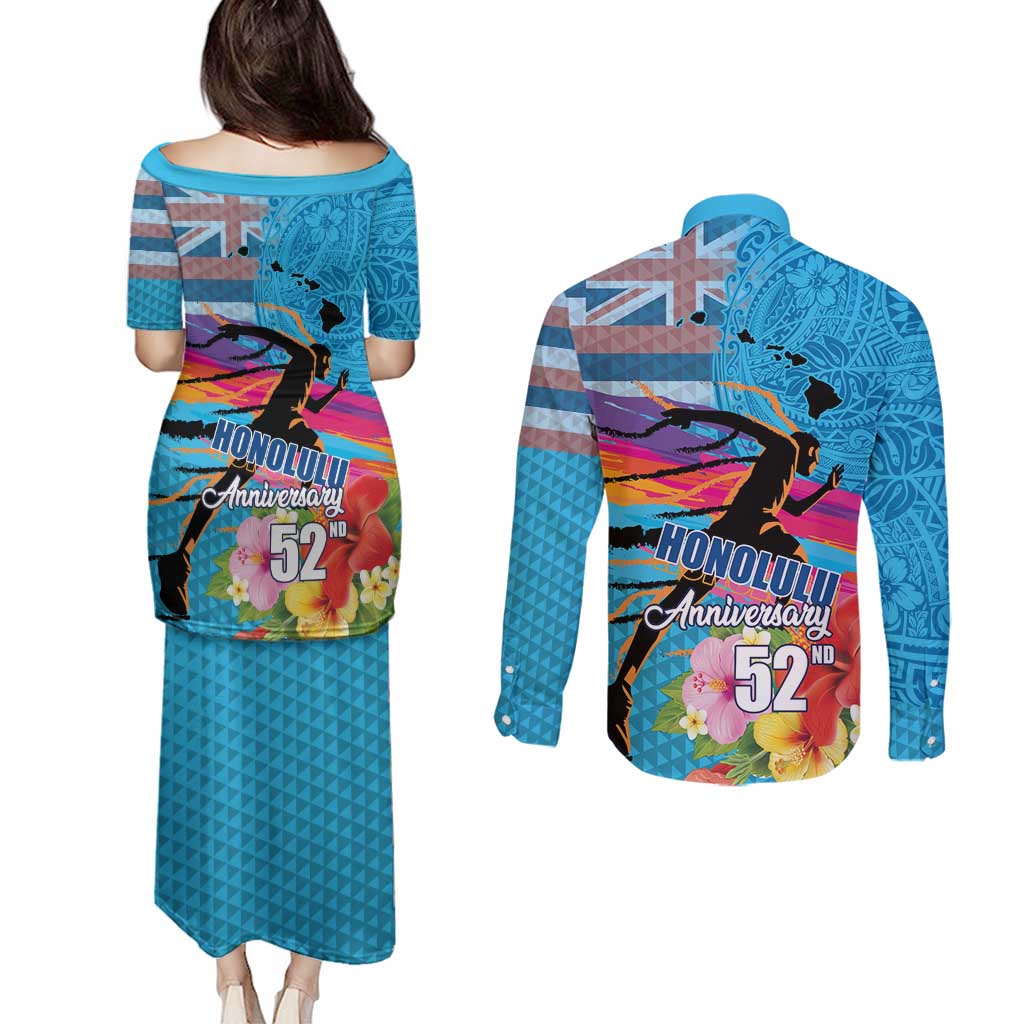 Honolulu Anniversary 52nd Running Couples Matching Puletasi and Long Sleeve Button Shirt Marathon Competition Kakau Pattern Blue Color LT03 - Polynesian Pride