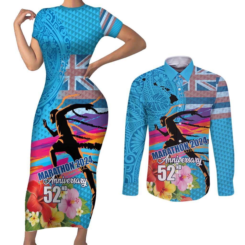 Honolulu Anniversary 52nd Running Couples Matching Short Sleeve Bodycon Dress and Long Sleeve Button Shirt Marathon Competition Kakau Pattern Blue Color LT03 Blue - Polynesian Pride
