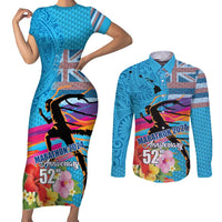 Honolulu Anniversary 52nd Running Couples Matching Short Sleeve Bodycon Dress and Long Sleeve Button Shirt Marathon Competition Kakau Pattern Blue Color LT03 Blue - Polynesian Pride