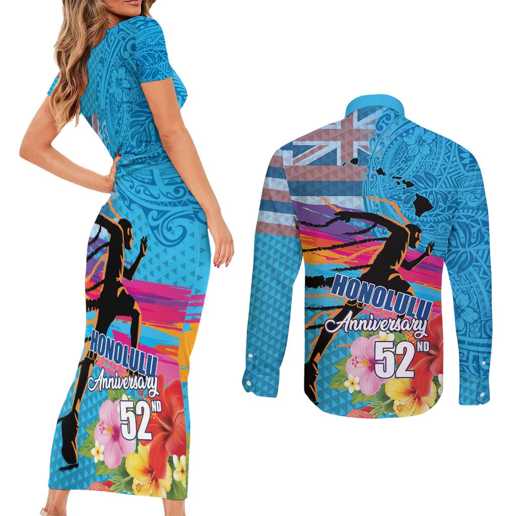 Honolulu Anniversary 52nd Running Couples Matching Short Sleeve Bodycon Dress and Long Sleeve Button Shirt Marathon Competition Kakau Pattern Blue Color LT03 - Polynesian Pride