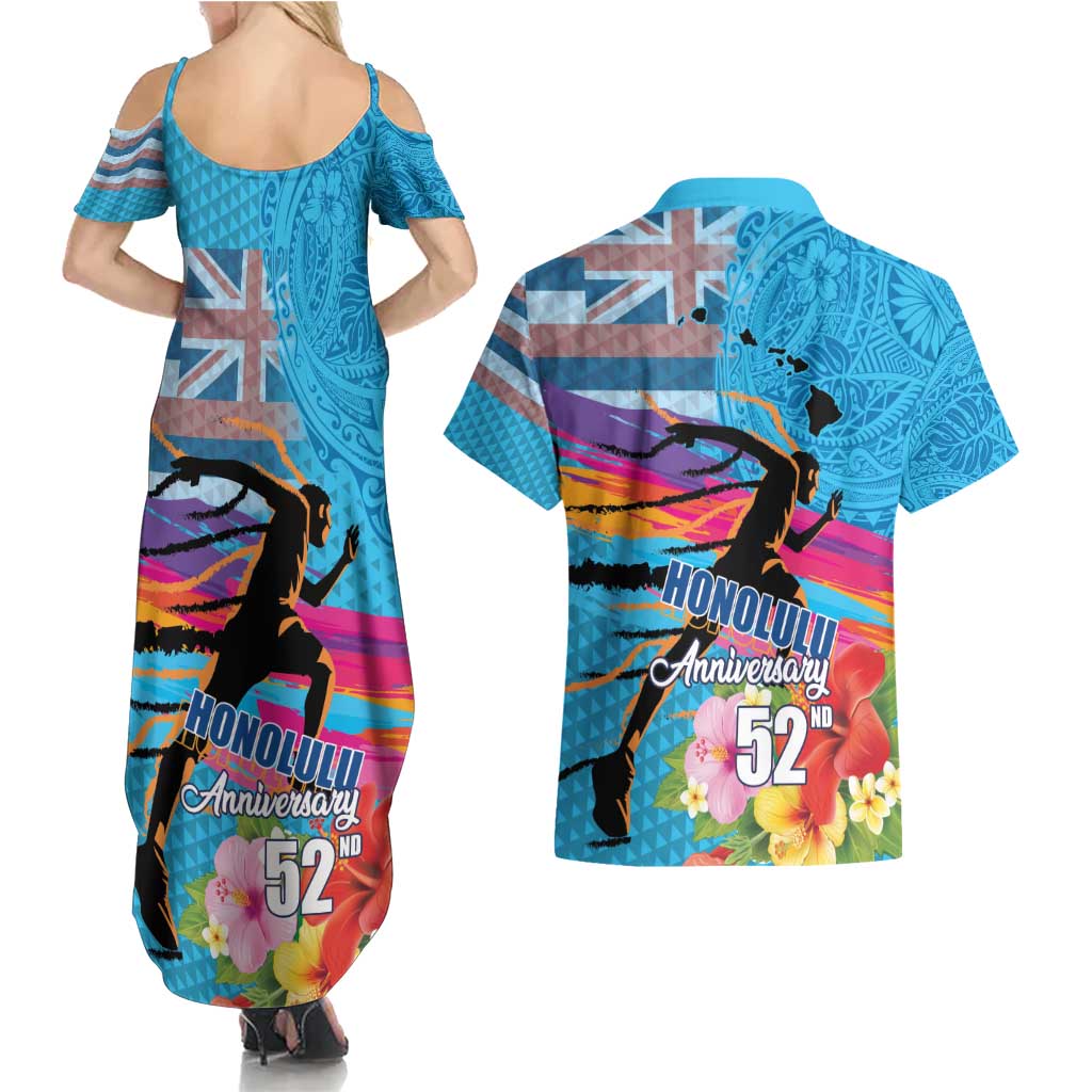 Honolulu Anniversary 52nd Running Couples Matching Summer Maxi Dress and Hawaiian Shirt Marathon Competition Kakau Pattern Blue Color LT03 - Polynesian Pride