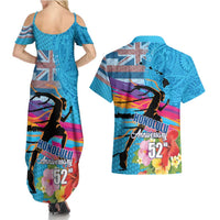 Honolulu Anniversary 52nd Running Couples Matching Summer Maxi Dress and Hawaiian Shirt Marathon Competition Kakau Pattern Blue Color LT03 - Polynesian Pride
