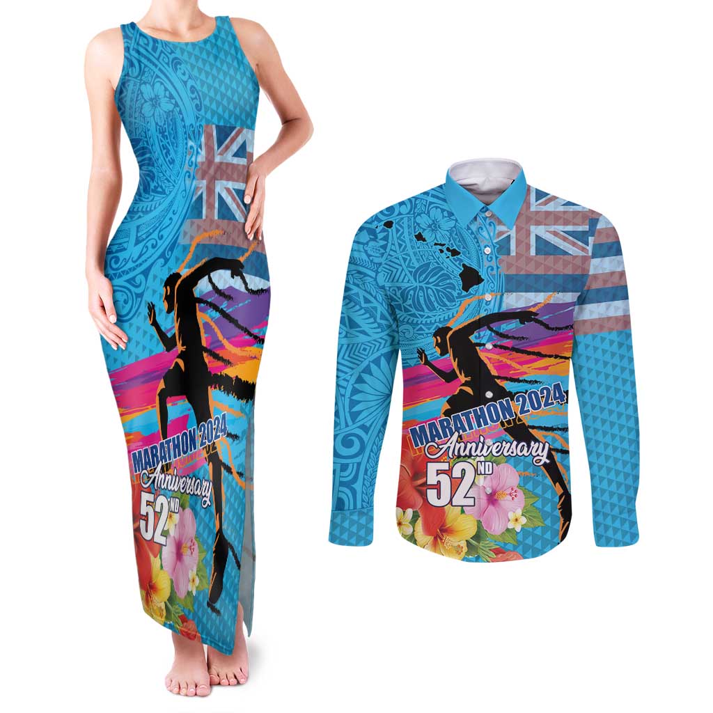 Honolulu Anniversary 52nd Running Couples Matching Tank Maxi Dress and Long Sleeve Button Shirt Marathon Competition Kakau Pattern Blue Color LT03 Blue - Polynesian Pride
