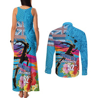 Honolulu Anniversary 52nd Running Couples Matching Tank Maxi Dress and Long Sleeve Button Shirt Marathon Competition Kakau Pattern Blue Color LT03 - Polynesian Pride