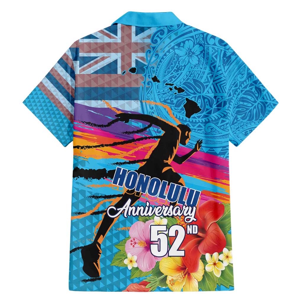 Honolulu Anniversary 52nd Running Family Matching Long Sleeve Bodycon Dress and Hawaiian Shirt Marathon Competition Kakau Pattern Blue Color