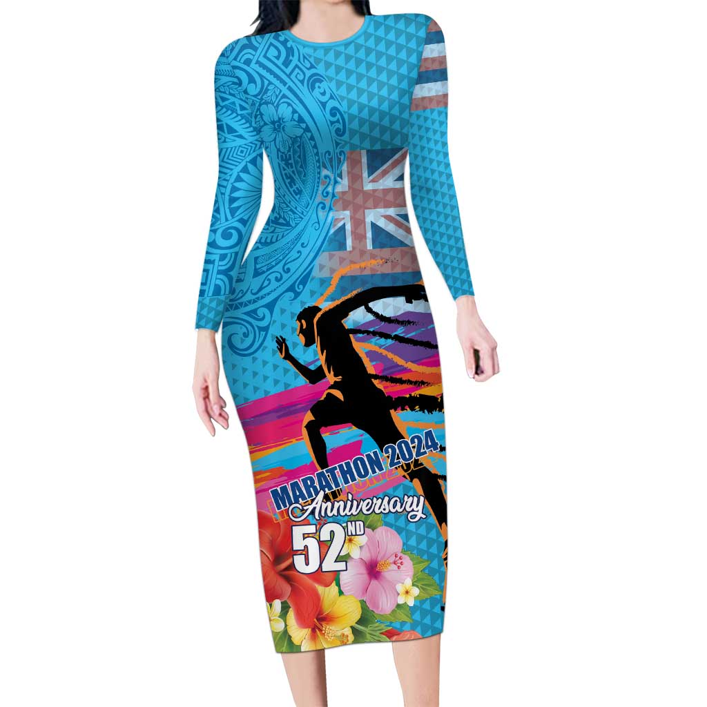Honolulu Anniversary 52nd Running Family Matching Long Sleeve Bodycon Dress and Hawaiian Shirt Marathon Competition Kakau Pattern Blue Color