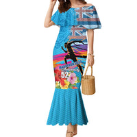 Honolulu Anniversary 52nd Running Family Matching Mermaid Dress and Hawaiian Shirt Marathon Competition Kakau Pattern Blue Color