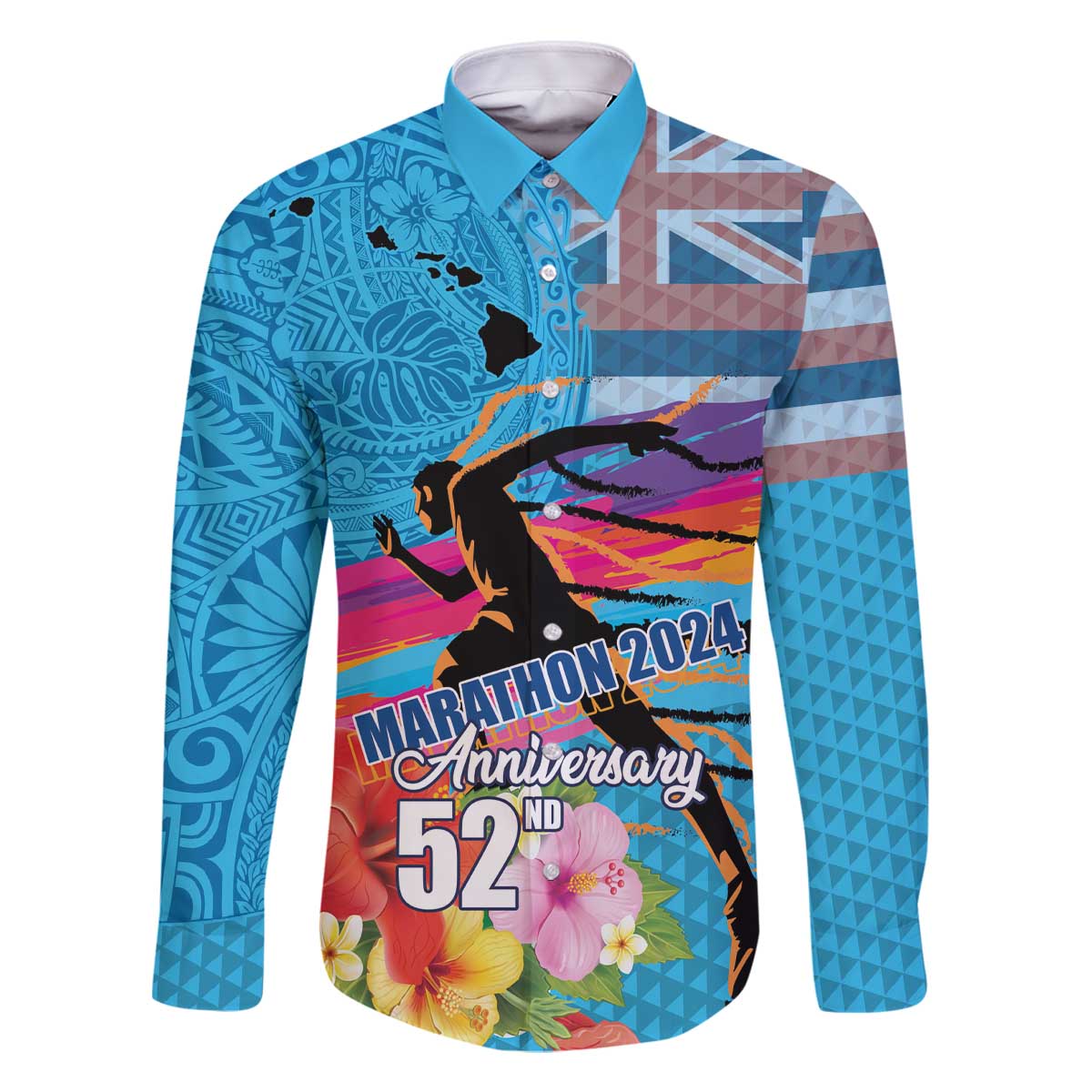 Honolulu Anniversary 52nd Running Family Matching Off The Shoulder Long Sleeve Dress and Hawaiian Shirt Marathon Competition Kakau Pattern Blue Color