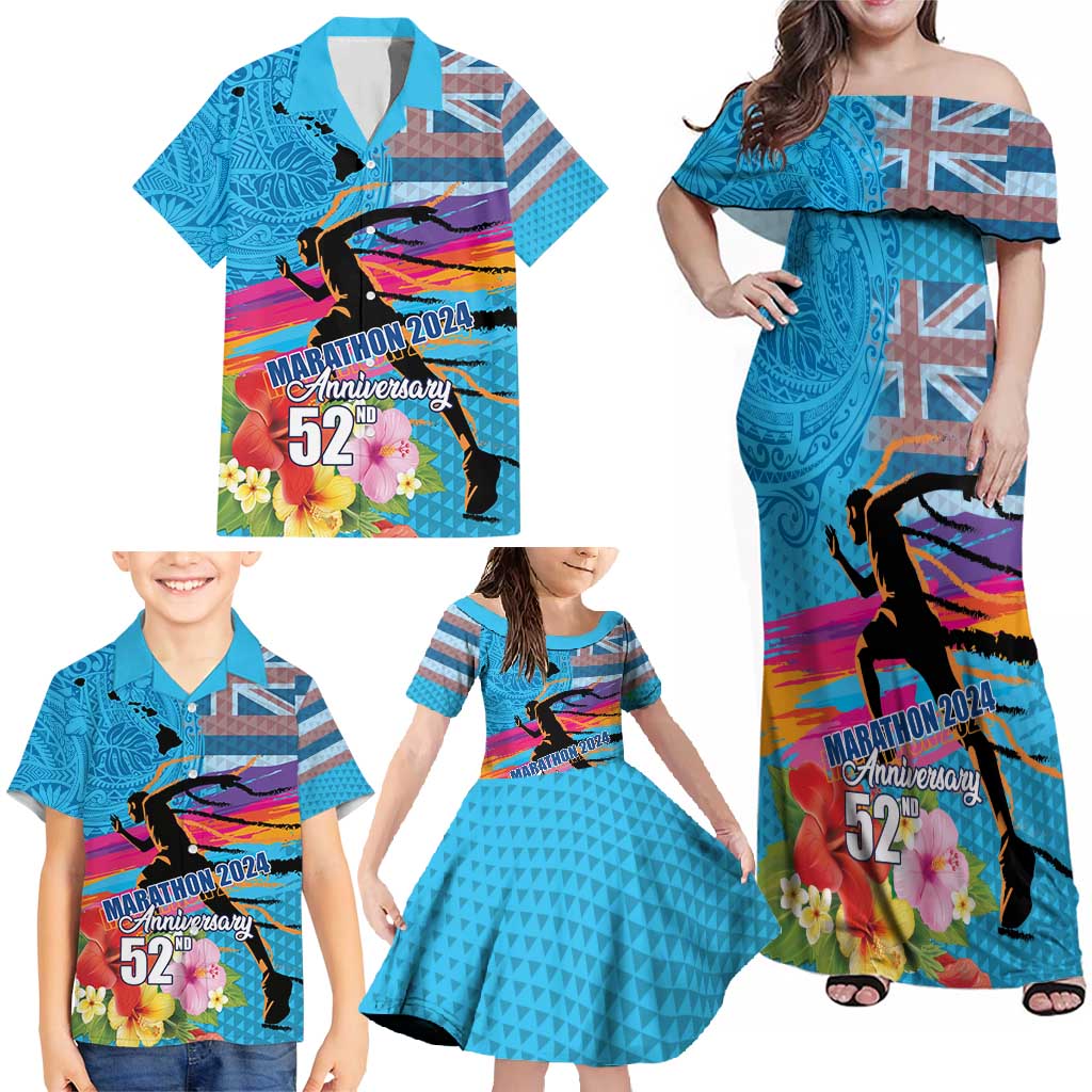 Honolulu Anniversary 52nd Running Family Matching Off Shoulder Maxi Dress and Hawaiian Shirt Marathon Competition Kakau Pattern Blue Color