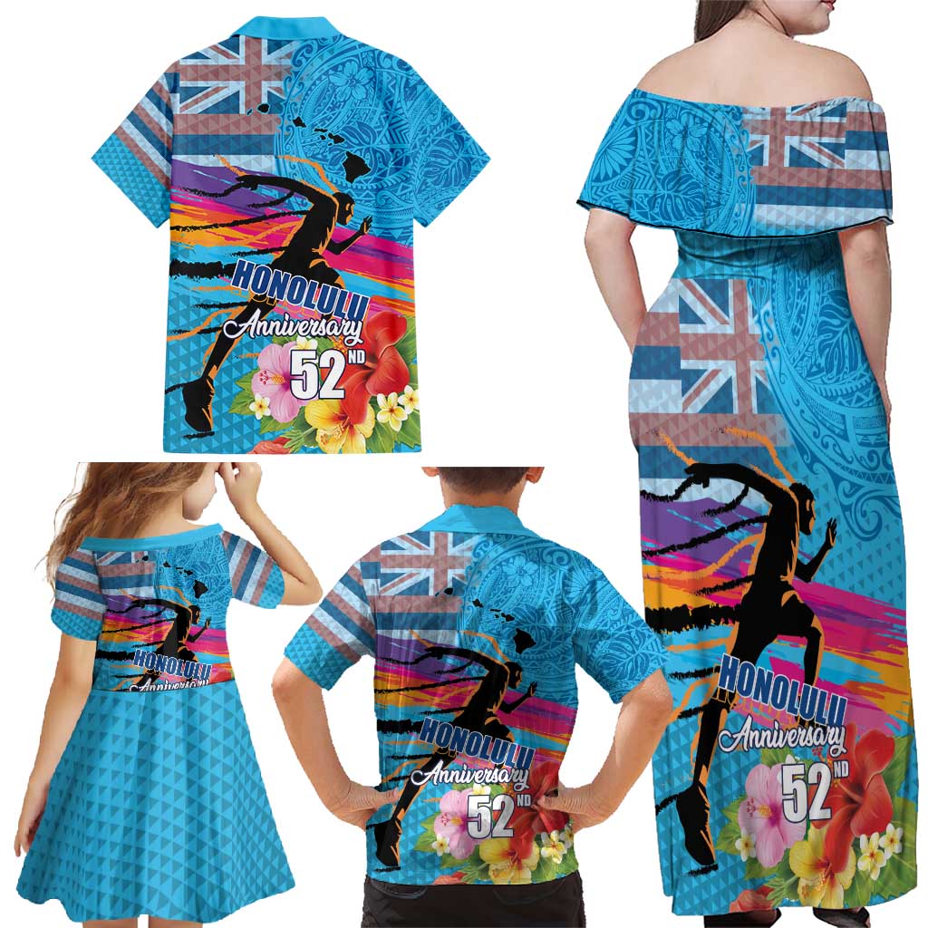 Honolulu Anniversary 52nd Running Family Matching Off Shoulder Maxi Dress and Hawaiian Shirt Marathon Competition Kakau Pattern Blue Color