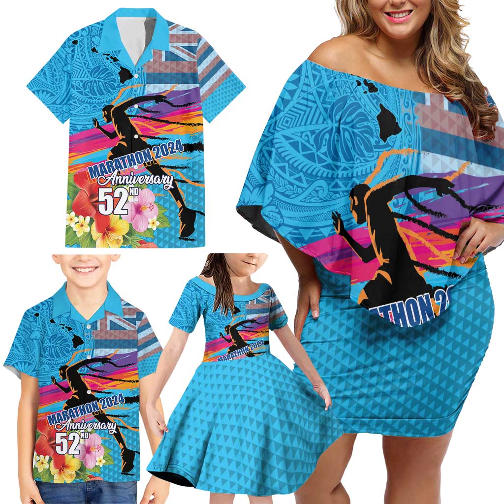 Honolulu Anniversary 52nd Running Family Matching Off Shoulder Short Dress and Hawaiian Shirt Marathon Competition Kakau Pattern Blue Color