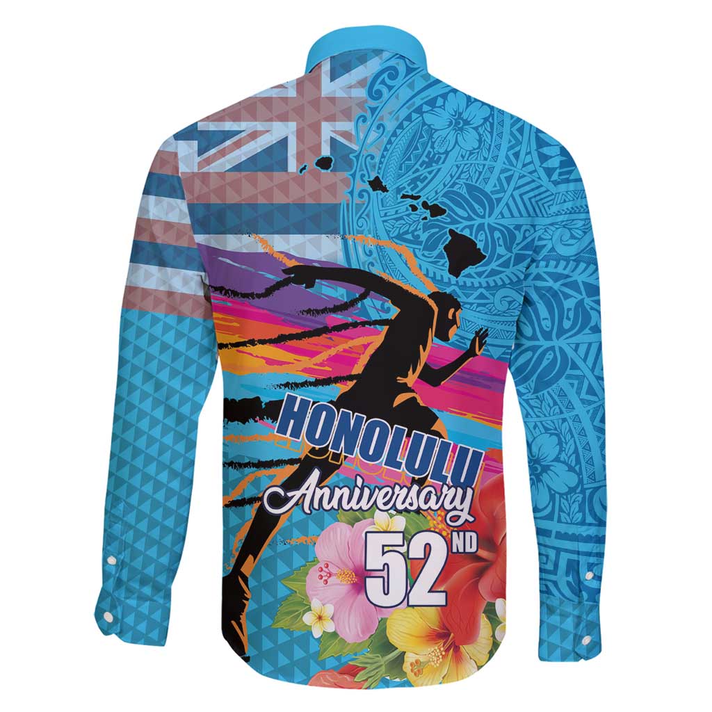 Honolulu Anniversary 52nd Running Family Matching Puletasi and Hawaiian Shirt Marathon Competition Kakau Pattern Blue Color