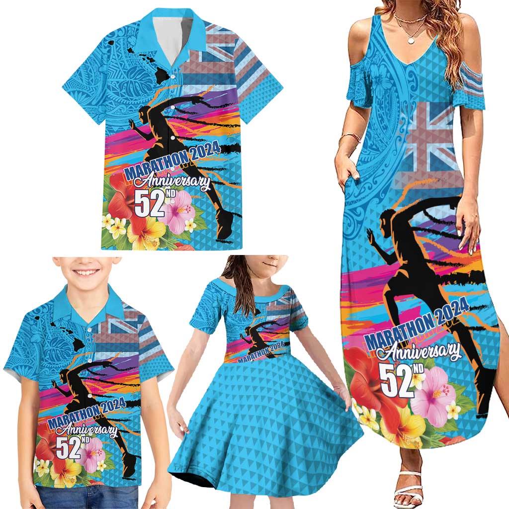 Honolulu Anniversary 52nd Running Family Matching Summer Maxi Dress and Hawaiian Shirt Marathon Competition Kakau Pattern Blue Color