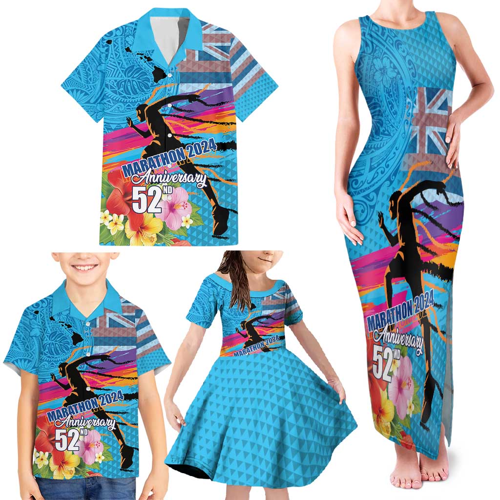 Honolulu Anniversary 52nd Running Family Matching Tank Maxi Dress and Hawaiian Shirt Marathon Competition Kakau Pattern Blue Color