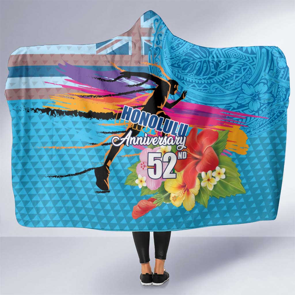 Honolulu Anniversary 52nd Running Hooded Blanket Marathon Competition Kakau Pattern Blue Color LT03 One Size Blue - Polynesian Pride