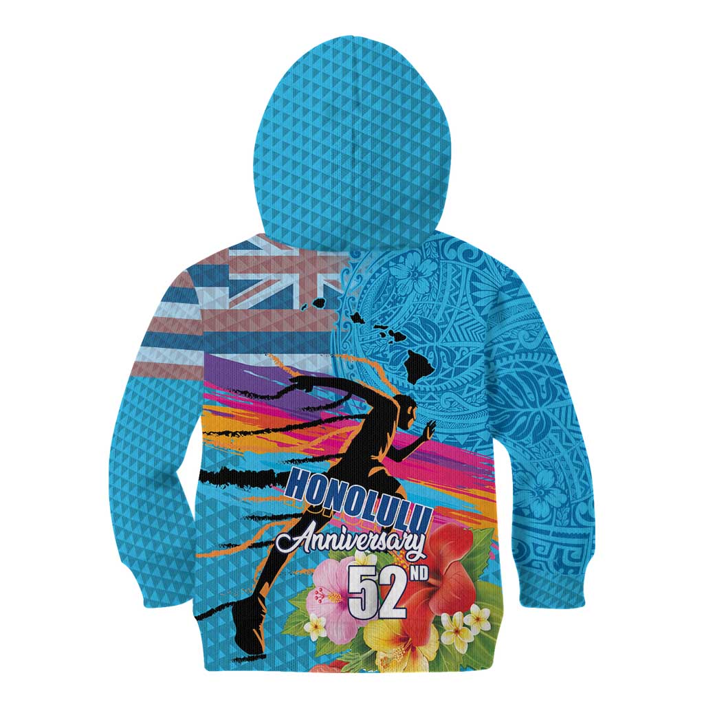 Honolulu Anniversary 52nd Running Kid Hoodie Marathon Competition Kakau Pattern Blue Color