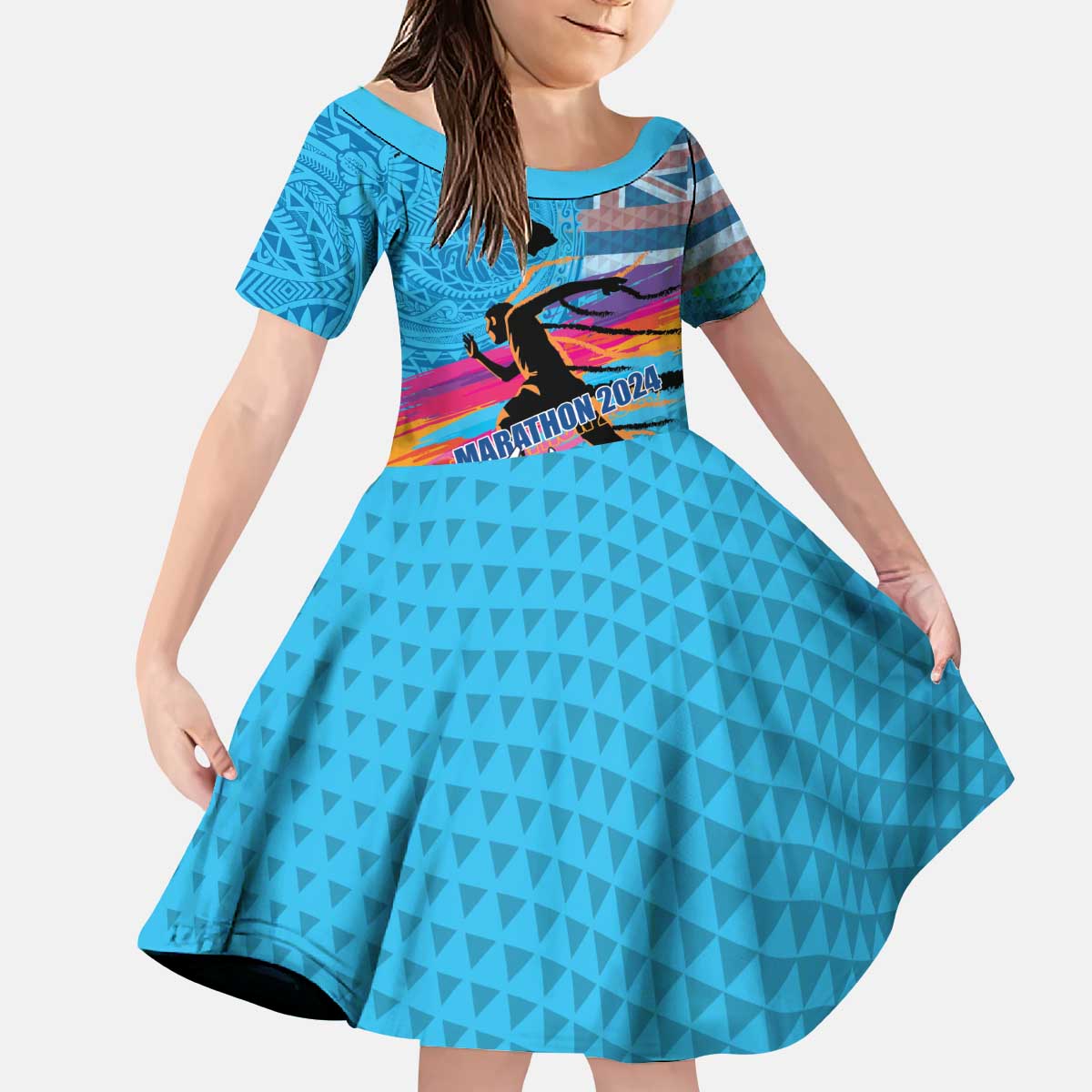 Honolulu Anniversary 52nd Running Kid Short Sleeve Dress Marathon Competition Kakau Pattern Blue Color