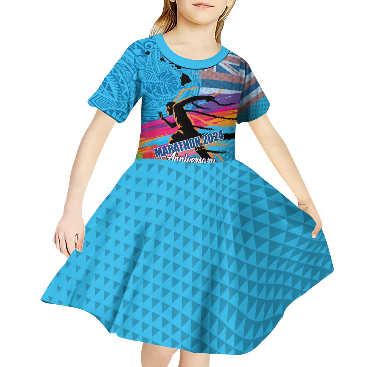 Honolulu Anniversary 52nd Running Kid Short Sleeve Dress Marathon Competition Kakau Pattern Blue Color