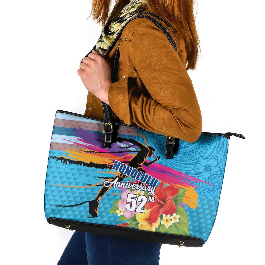 Honolulu Anniversary 52nd Running Leather Tote Bag Marathon Competition Kakau Pattern Blue Color LT03 Blue - Polynesian Pride