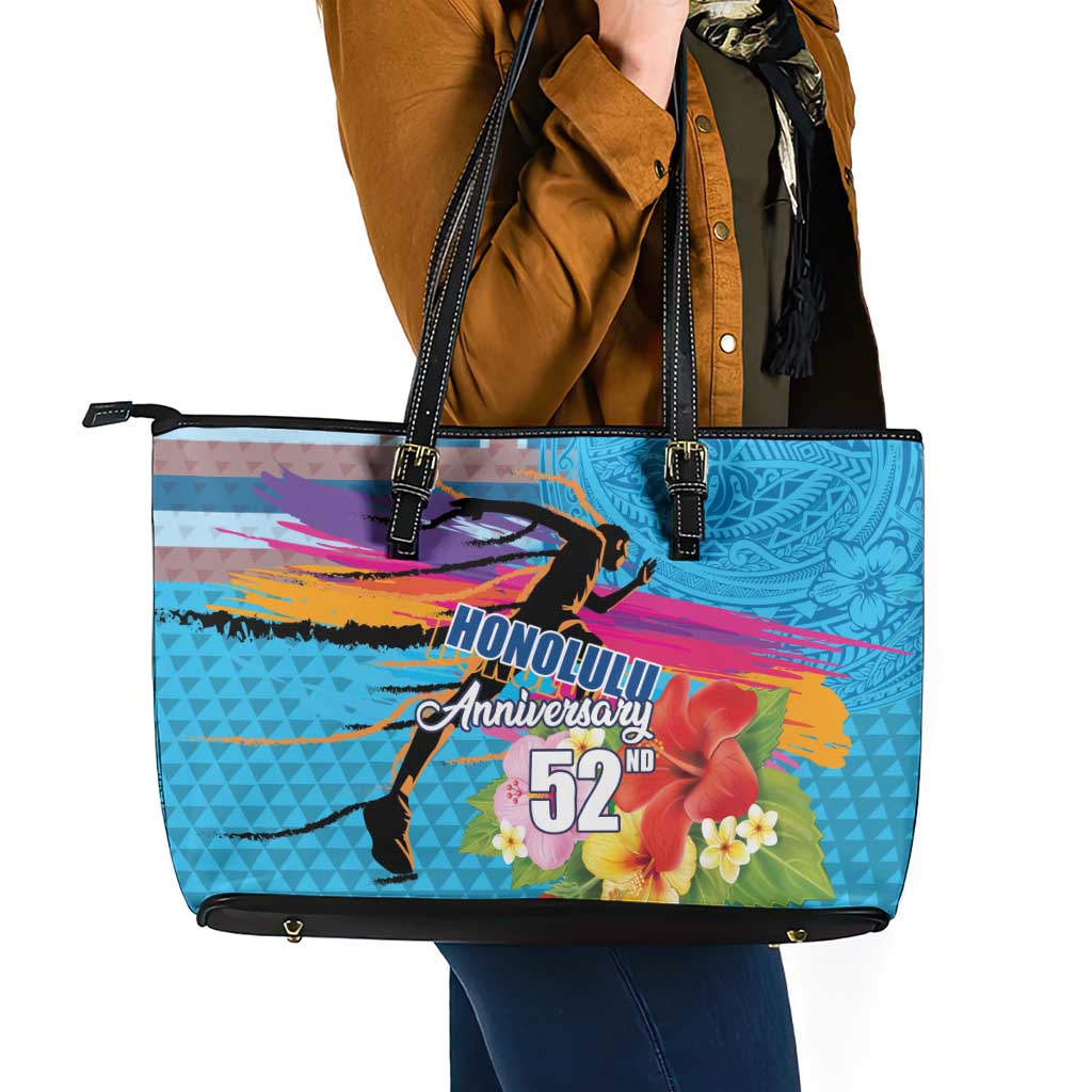 Honolulu Anniversary 52nd Running Leather Tote Bag Marathon Competition Kakau Pattern Blue Color LT03 - Polynesian Pride