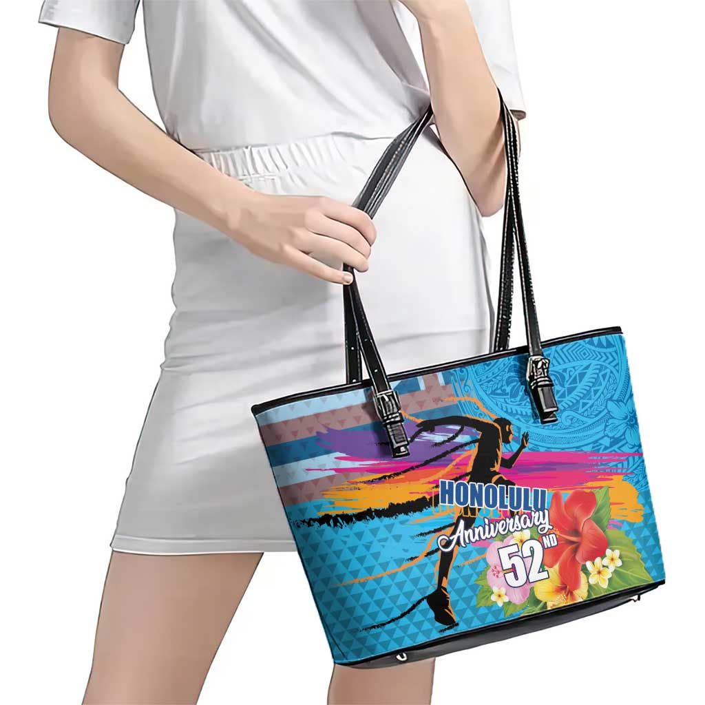 Honolulu Anniversary 52nd Running Leather Tote Bag Marathon Competition Kakau Pattern Blue Color LT03 - Polynesian Pride