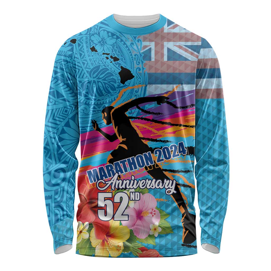 Honolulu Anniversary 52nd Running Long Sleeve Shirt Marathon Competition Kakau Pattern Blue Color