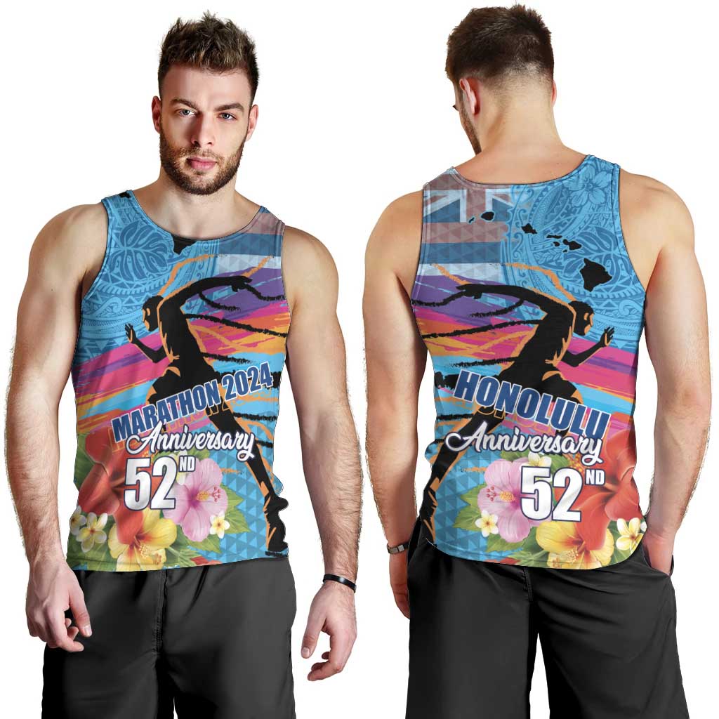 Honolulu Anniversary 52nd Running Men Tank Top Marathon Competition Kakau Pattern Blue Color LT03 - Polynesian Pride