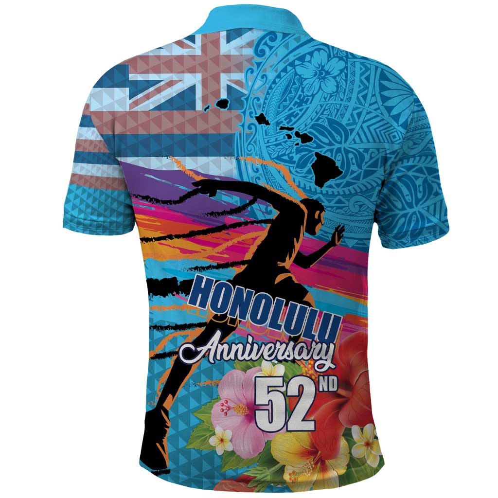 Honolulu Anniversary 52nd Running Polo Shirt Marathon Competition Kakau Pattern Blue Color
