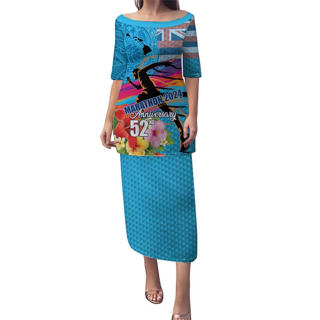 Honolulu Anniversary 52nd Running Puletasi Marathon Competition Kakau Pattern Blue Color LT03 Long Dress Blue - Polynesian Pride