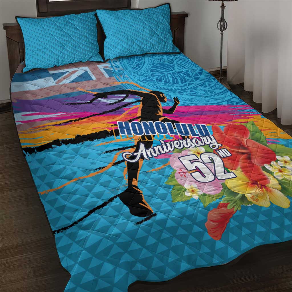 Honolulu Anniversary 52nd Running Quilt Bed Set Marathon Competition Kakau Pattern Blue Color LT03 Blue - Polynesian Pride