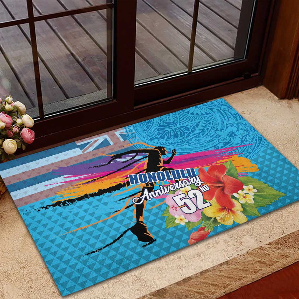 Honolulu Anniversary 52nd Running Rubber Doormat Marathon Competition Kakau Pattern Blue Color LT03 - Polynesian Pride