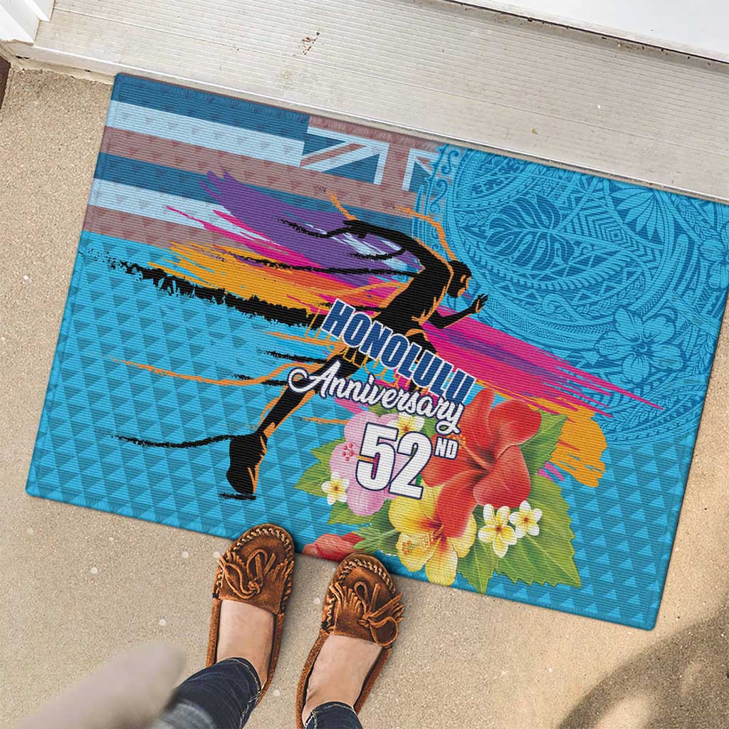 Honolulu Anniversary 52nd Running Rubber Doormat Marathon Competition Kakau Pattern Blue Color LT03 - Polynesian Pride