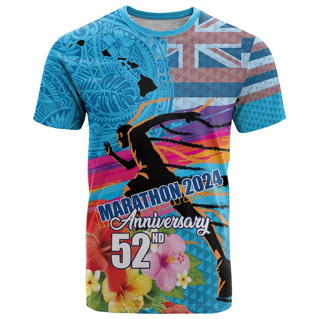 Honolulu Anniversary 52nd Running T Shirt Marathon Competition Kakau Pattern Blue Color