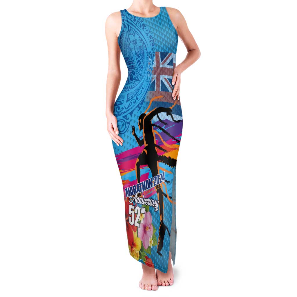 Honolulu Anniversary 52nd Running Tank Maxi Dress Marathon Competition Kakau Pattern Blue Color