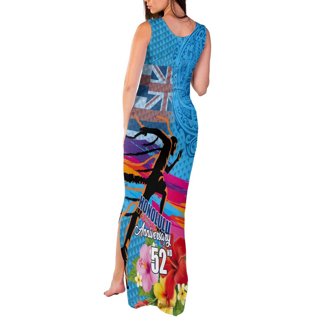 Honolulu Anniversary 52nd Running Tank Maxi Dress Marathon Competition Kakau Pattern Blue Color LT03 - Polynesian Pride