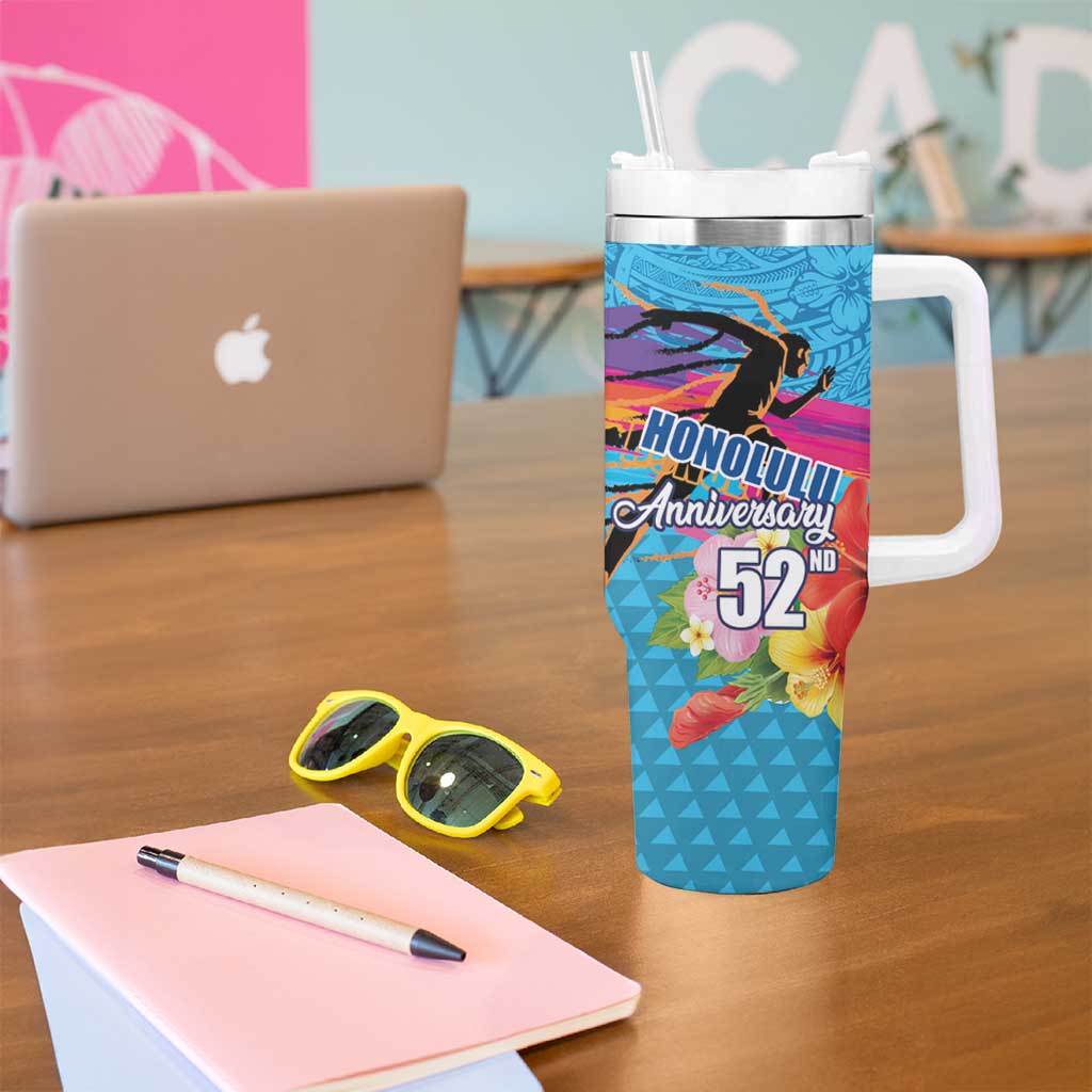Honolulu Anniversary 52nd Running Tumbler With Handle Marathon Competition Kakau Pattern Blue Color LT03 - Polynesian Pride
