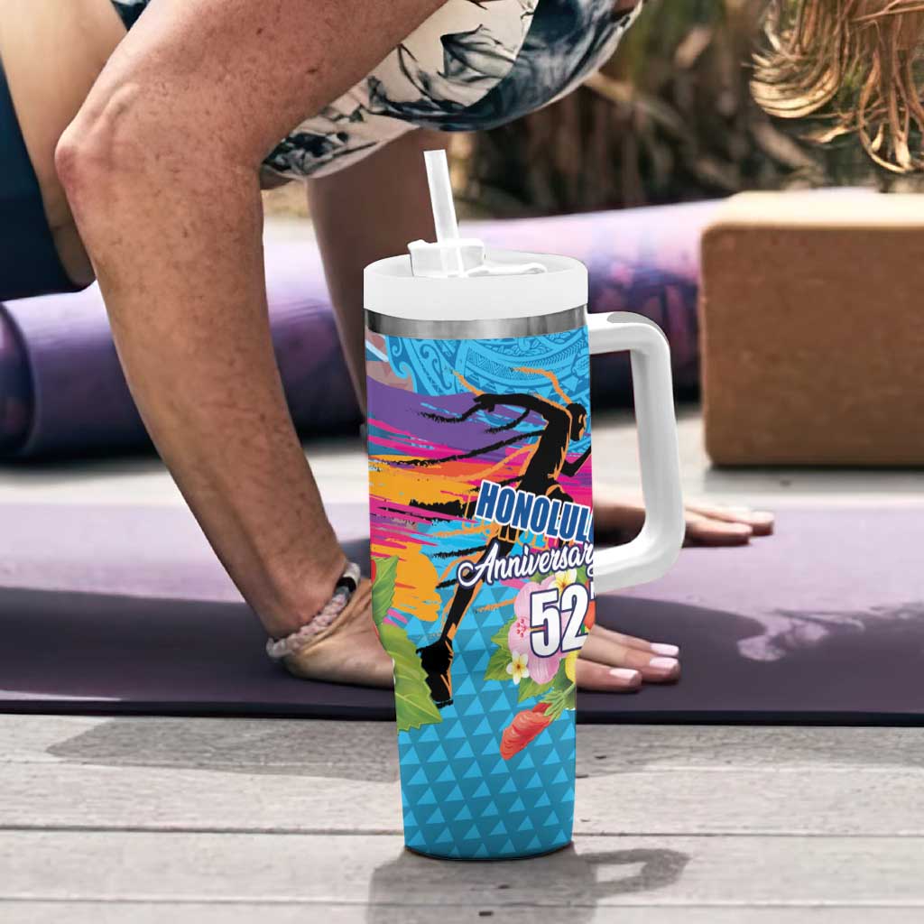Honolulu Anniversary 52nd Running Tumbler With Handle Marathon Competition Kakau Pattern Blue Color LT03 - Polynesian Pride