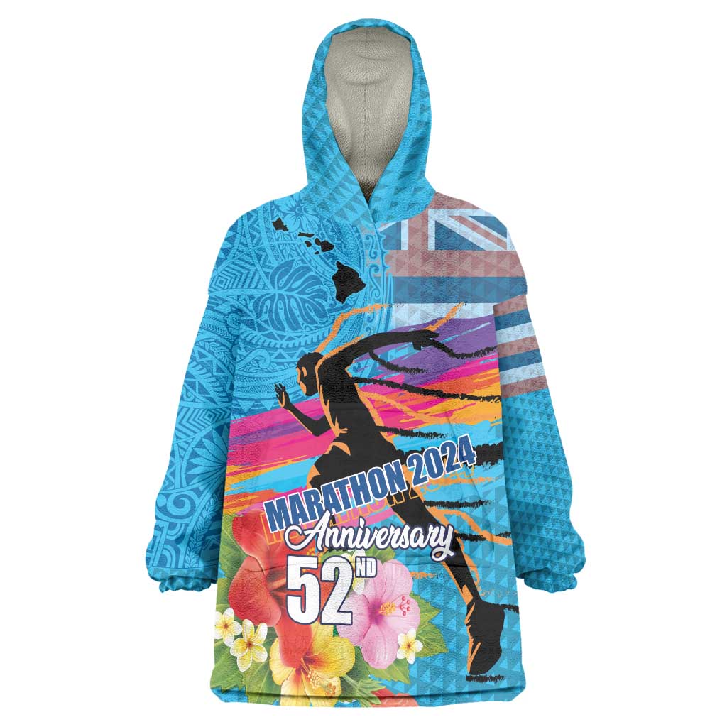 Honolulu Anniversary 52nd Running Wearable Blanket Hoodie Marathon Competition Kakau Pattern Blue Color LT03 One Size Blue - Polynesian Pride