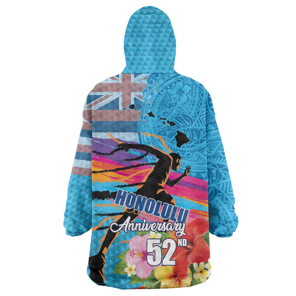 Honolulu Anniversary 52nd Running Wearable Blanket Hoodie Marathon Competition Kakau Pattern Blue Color LT03 - Polynesian Pride