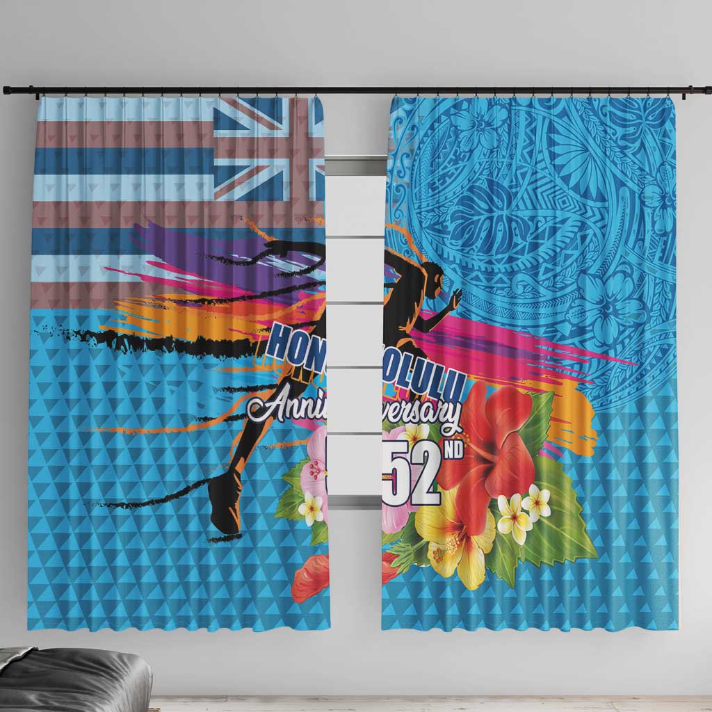 Honolulu Anniversary 52nd Running Window Curtain Marathon Competition Kakau Pattern Blue Color LT03 With Hooks Blue - Polynesian Pride