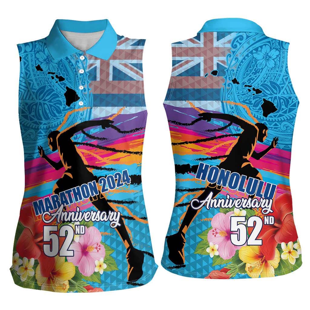 Honolulu Anniversary 52nd Running Women Sleeveless Polo Shirt Marathon Competition Kakau Pattern Blue Color
