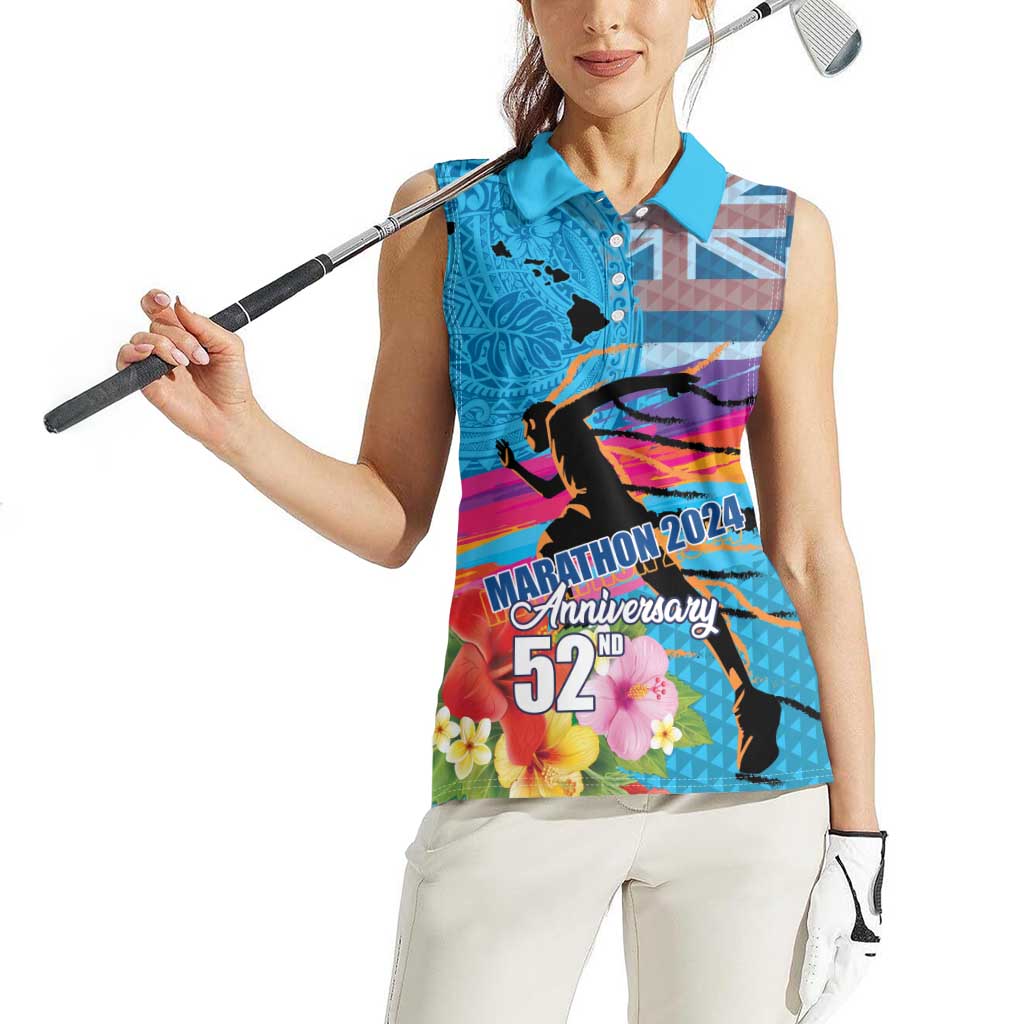 Honolulu Anniversary 52nd Running Women Sleeveless Polo Shirt Marathon Competition Kakau Pattern Blue Color