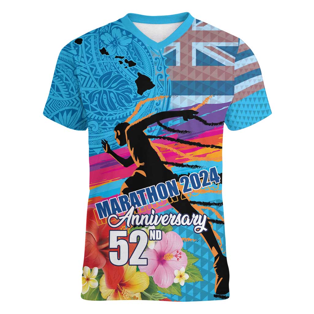 Honolulu Anniversary 52nd Running Women V-Neck T-Shirt Marathon Competition Kakau Pattern Blue Color LT03 Female Blue - Polynesian Pride