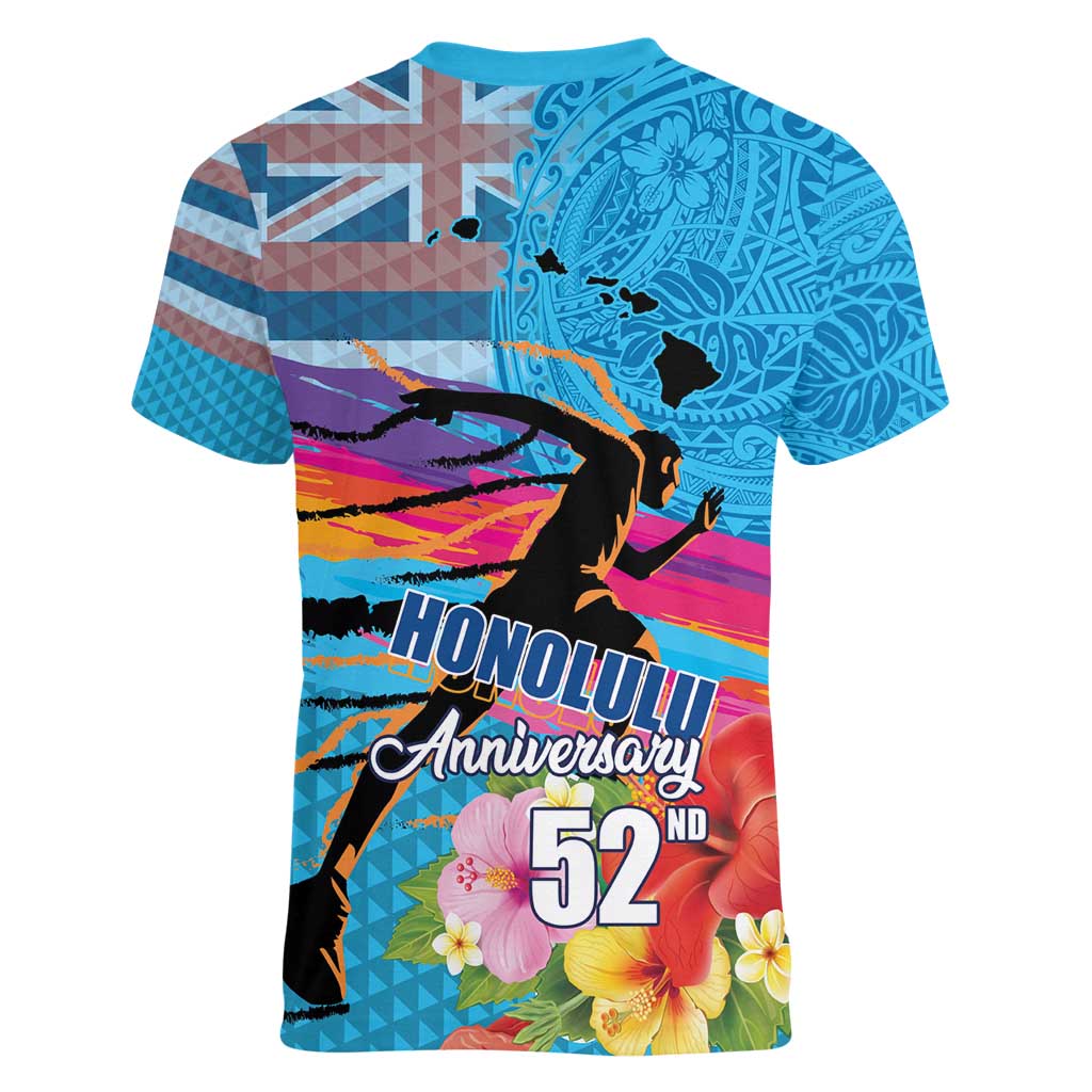 Honolulu Anniversary 52nd Running Women V-Neck T-Shirt Marathon Competition Kakau Pattern Blue Color LT03 - Polynesian Pride