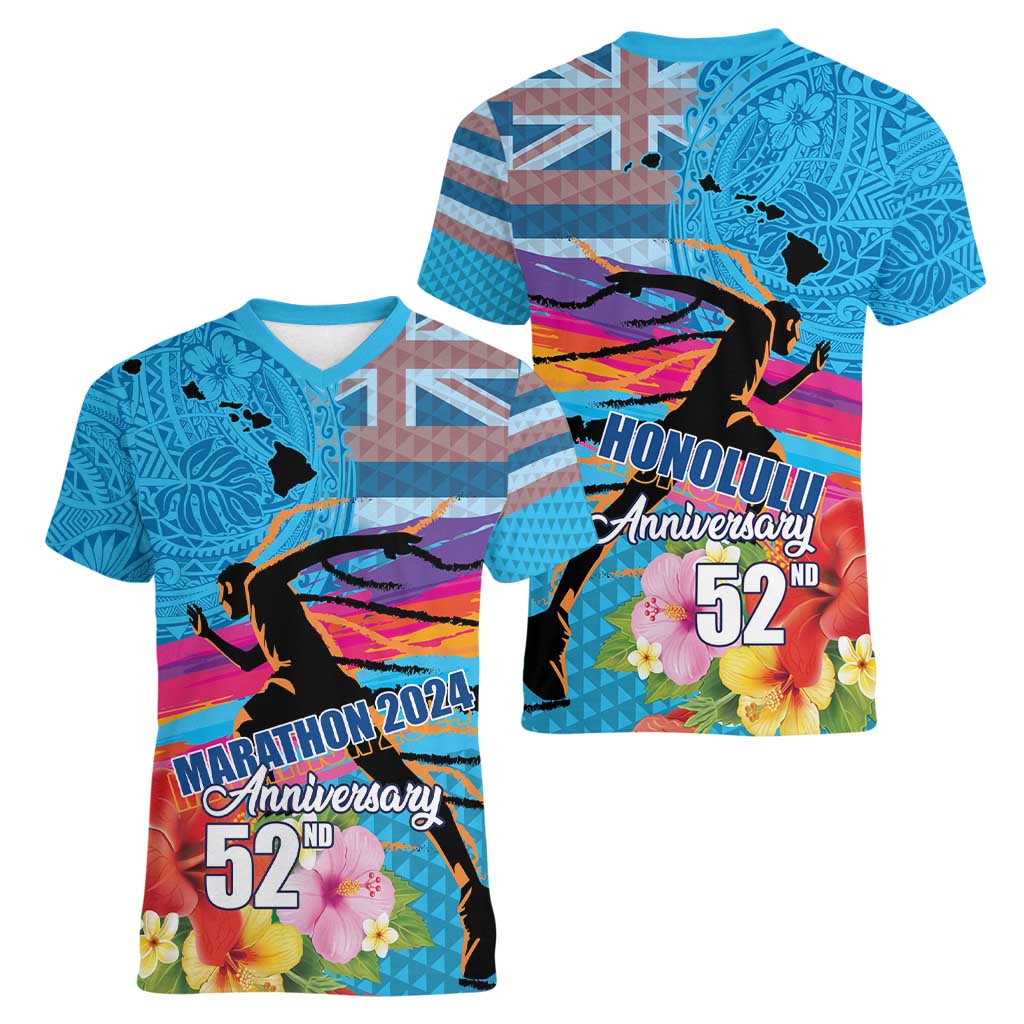 Honolulu Anniversary 52nd Running Women V-Neck T-Shirt Marathon Competition Kakau Pattern Blue Color LT03 - Polynesian Pride