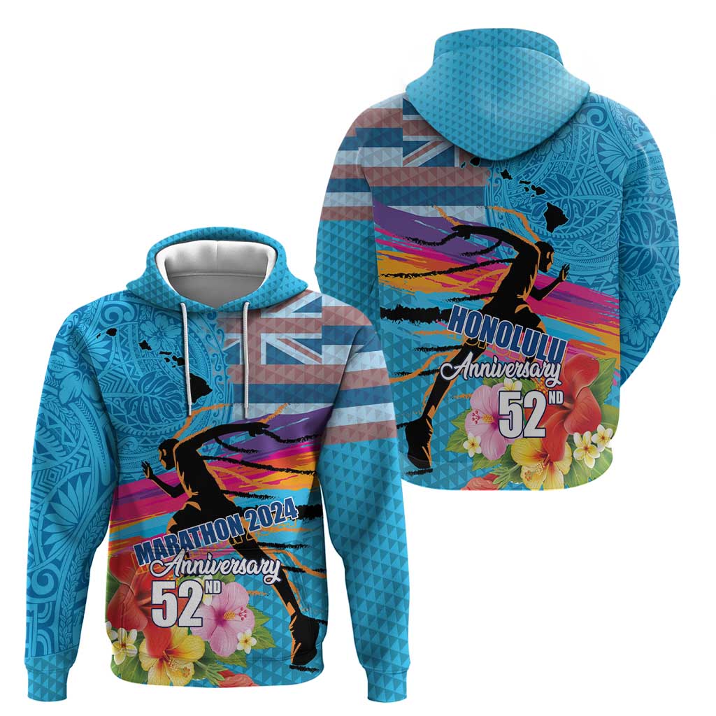 Honolulu Anniversary 52nd Running Zip Hoodie Marathon Competition Kakau Pattern Blue Color