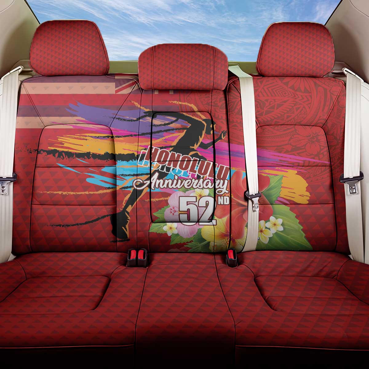 Honolulu Anniversary 52nd Running Back Car Seat Cover Marathon Competition Kakau Pattern Red Color