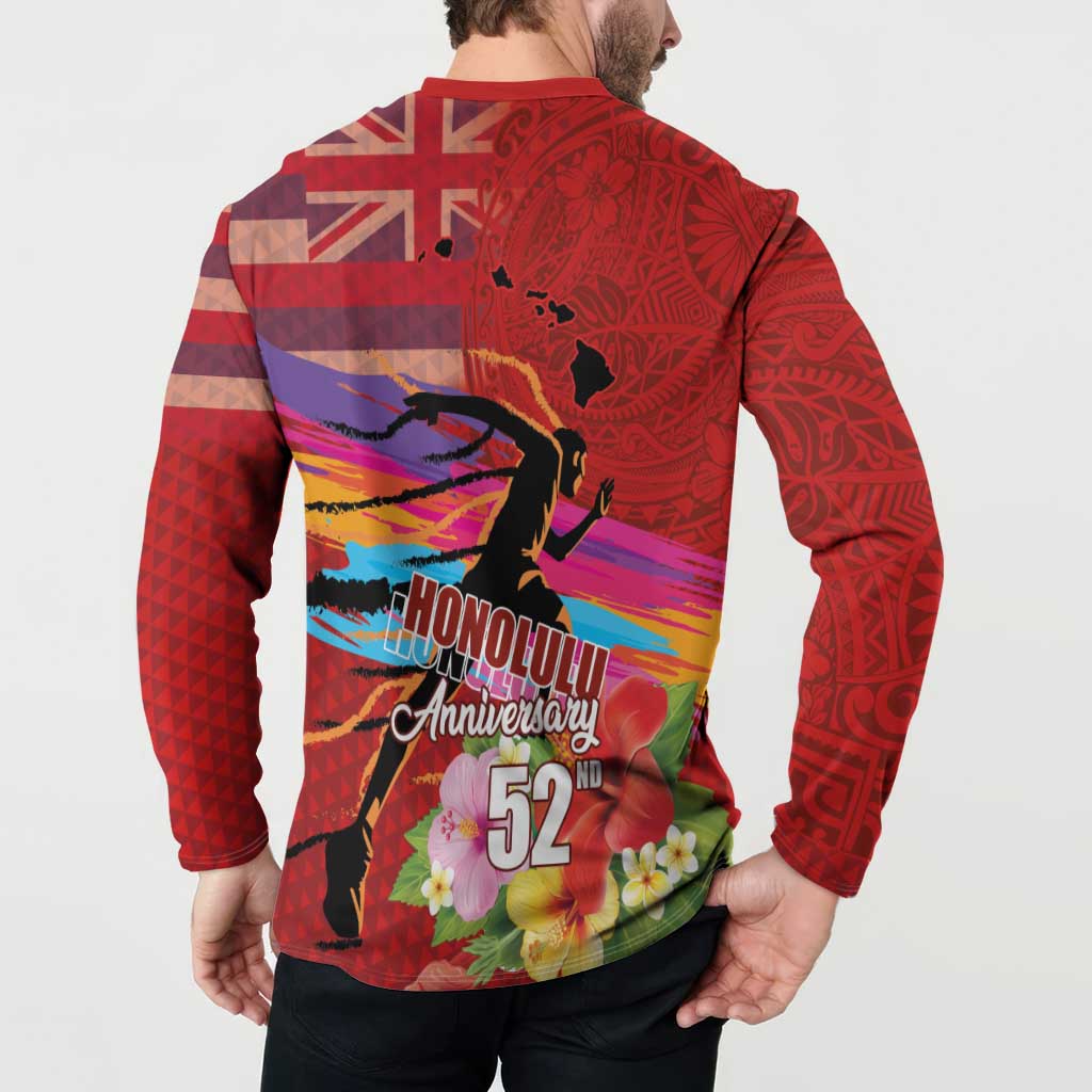 Honolulu Anniversary 52nd Running Button Sweatshirt Marathon Competition Kakau Pattern Red Color LT03 - Polynesian Pride